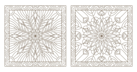 Set contour illustrations of stained glass with snowflakes in the framework of, square image