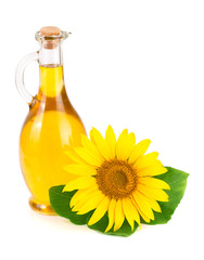 Sunflower oil and flower isolated on white background