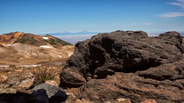 Panorama of the slope of Ebeko volcano on Paramushir Island. Kuril Islands, Russia
