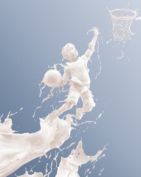 Splash of milk in form of Boy's body playing Basketball