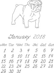 Creative vector hand drawn doodle monthly english calendar template for year 2018 with illustration of different dogs pedigrees. Lettering, typeface. January, bulldog. Editable.