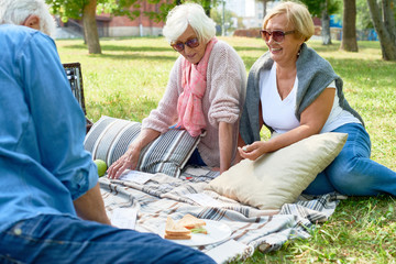 Group of elderly friends enjoying Sunday afternoon at sunny park: they sitting on cozy plaid and...