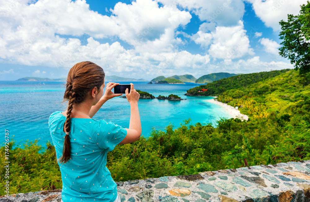 Sticker Tourist girl at Trunk bay on St John island