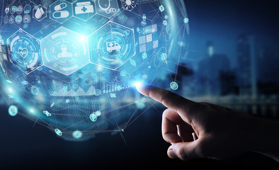 Businessman using digital medical sphere 3D rendering