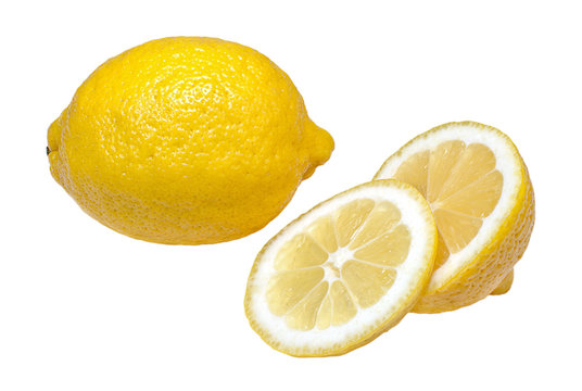 Whole juicy lemon and slices isolated on white background