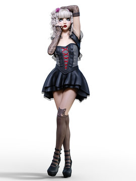 Beautiful young goth woman posing photo shoot. Short black dress, dark stockings, shoes. Long blonde hair. Bright gothic make up. Conceptual fashion art. Realistic 3D render illustration.