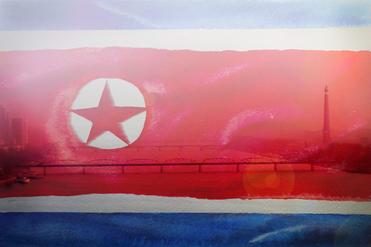 Flag of North Korea painted watercolor on watercolor invoice paper. Free lines, the absence of even edges, and chiaroscuro.