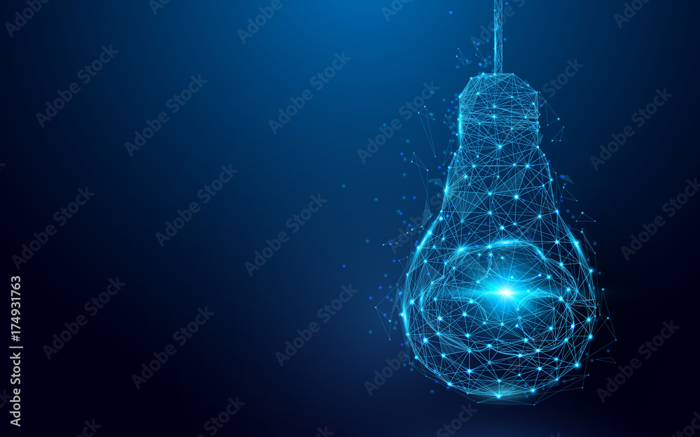 Wall mural brain in a lightbulb from lines and triangles, point connecting network on blue background. illustra