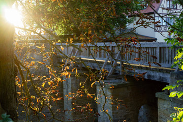 helles, gleißendes Gegenlicht untergehender Sonne in herbstlichen Ästen vor Brücke zu Schloß, D,Bayern, Hassberge, Königsberg i. Bayern