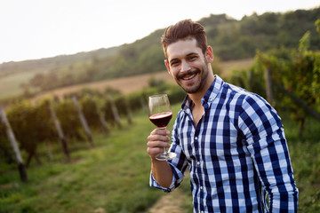 Winegrower tasting wine in vineyard