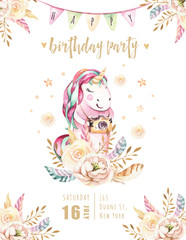 Isolated cute watercolor unicorn invitation card. Nursery unicorns illustration. Princess rainbow unicorns poster. Trendy pink cartoon horse.