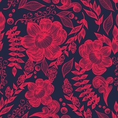 Red flowers on a dark background. Hand drawing. Seamless vector pattern for design