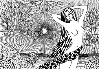 Obraz premium A woman near the sea. Beautiful girl. Black and white graphics