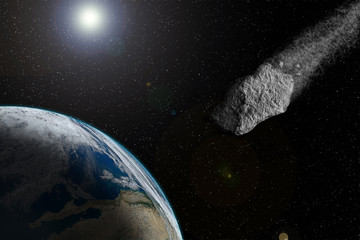 The meteorite flies to the ground. Big and huge will collide with the earth. Galaxy and stars.
