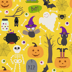 Naklejka premium seamless pattern with Halloween elements on yellow background - vector illustration, eps