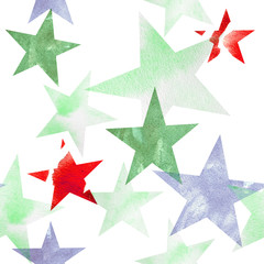 Watercolor illustration. Pattern of transparent stars of bright pink, blue, gray, brown hues