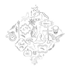 Vector illustration, set of separate elements and frames for a holiday of halloween. black line.