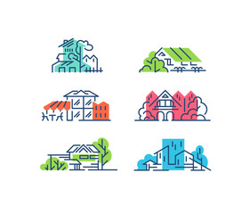 Line and color house, buildings' concepts. Urban cityscapes, skyscrapers symbols, illustrations.