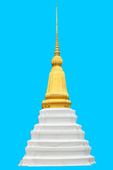 The old pagoda statue is white and golden on blue background. Ancient Thai architecture is a public worship.