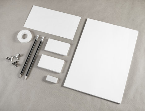 Photo of blank stationery and corporate identity template. Responsive design mockup.