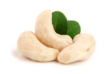 cashew nuts with leaf isolated on white background. macro