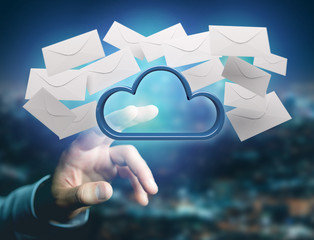 Blue cloud surrounded by realistic envelope email displayed on a futuristic interface - 3d rendering