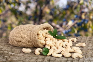 cashew nuts with leaf in bag on a wooden table with blurred garden background