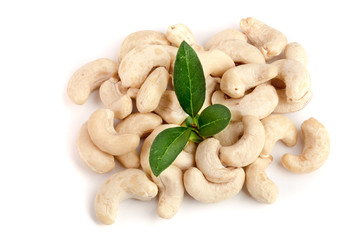 cashew nuts with leaf isolated on white background. macro
