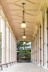 Corridor of the historical residential building of Kyu-Iwasaki-tei Garden in Tokyo, Japan.