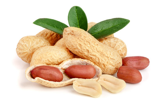 peanuts with leaf isolated on white background
