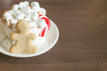hot chocolate with a candy can and ginger bread man Holiday concept