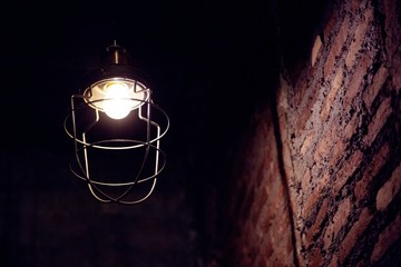 Lamps and Red Brick wall Atmosphere at night.