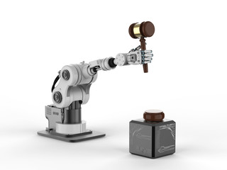 robotic hand holding gavel judge