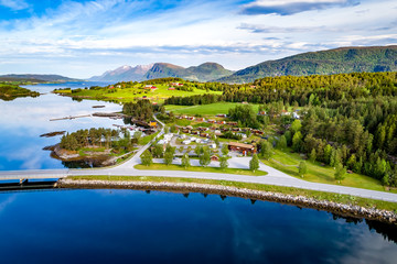 Fototapeta premium Beautiful Nature Norway Aerial view of the campsite to relax.