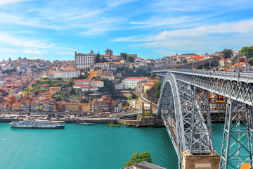 view of panoramic porto old town and dom luis bridge with duoro river ,portugal - obrazy, fototapety, plakaty