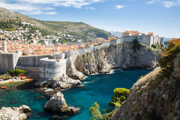 view of Fort Bokar, the city's ancient walls and the west harbor. Dubrovnik, Croatia