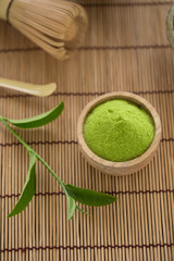 Set of matcha powder bowl wooden spoon and whisk green tea leaf Organic Green Matcha Tea ceremony