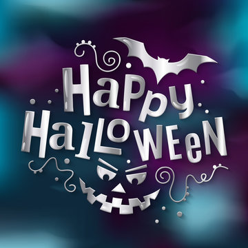 Happy Halloween Stylish Silver Lettering, Greeting With Scary Pumpkin Face And Bat. Vector Illustration.
