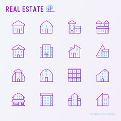 Real estate thin line icons set of houses and trees. Modern vector illustration for background.