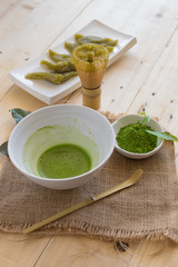 Set of matcha powder bowl, wooden spoon and whisk, green tea leaf, Organic Green Matcha Tea ceremony