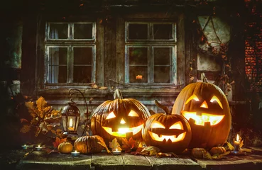 Küchenrückwand glas motiv Candle lit Halloween Pumpkins © Alexander Raths