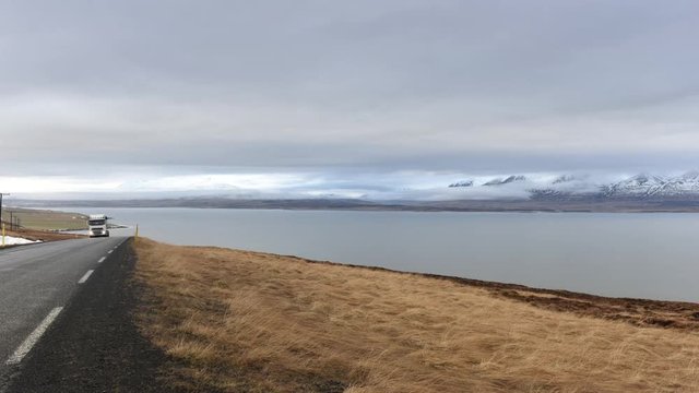 Time lapse of road along the shore near Akureyri, Iceland
