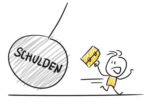 Strichfiguren / Strichm&auml;nnchen: Schulden, Abrissbirne. (Nr. 98)