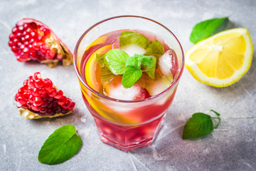 Winter pomegranate cocktail. Selective focus, space for text. 