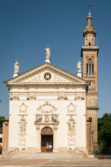 Church of St. Peter and Paul with carved facade bearing the statues of the two saints, Padua, Italy.