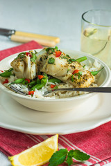 Coconut curry cod with green beans and rice