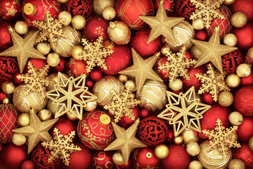 Festive christmas background with red and gold bauble decorations.
