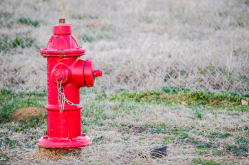 Fototapeta na wymiar A red fire hydrant near a chain link fence at Talladega Gran Prix Raceway in Munford, Alabama, USA