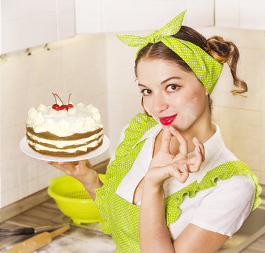 Young Woman In Retro Clothes Cooking Sweet Desert