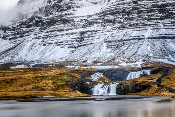 Kirkjufellsfoss, landmark of iceland during late winter